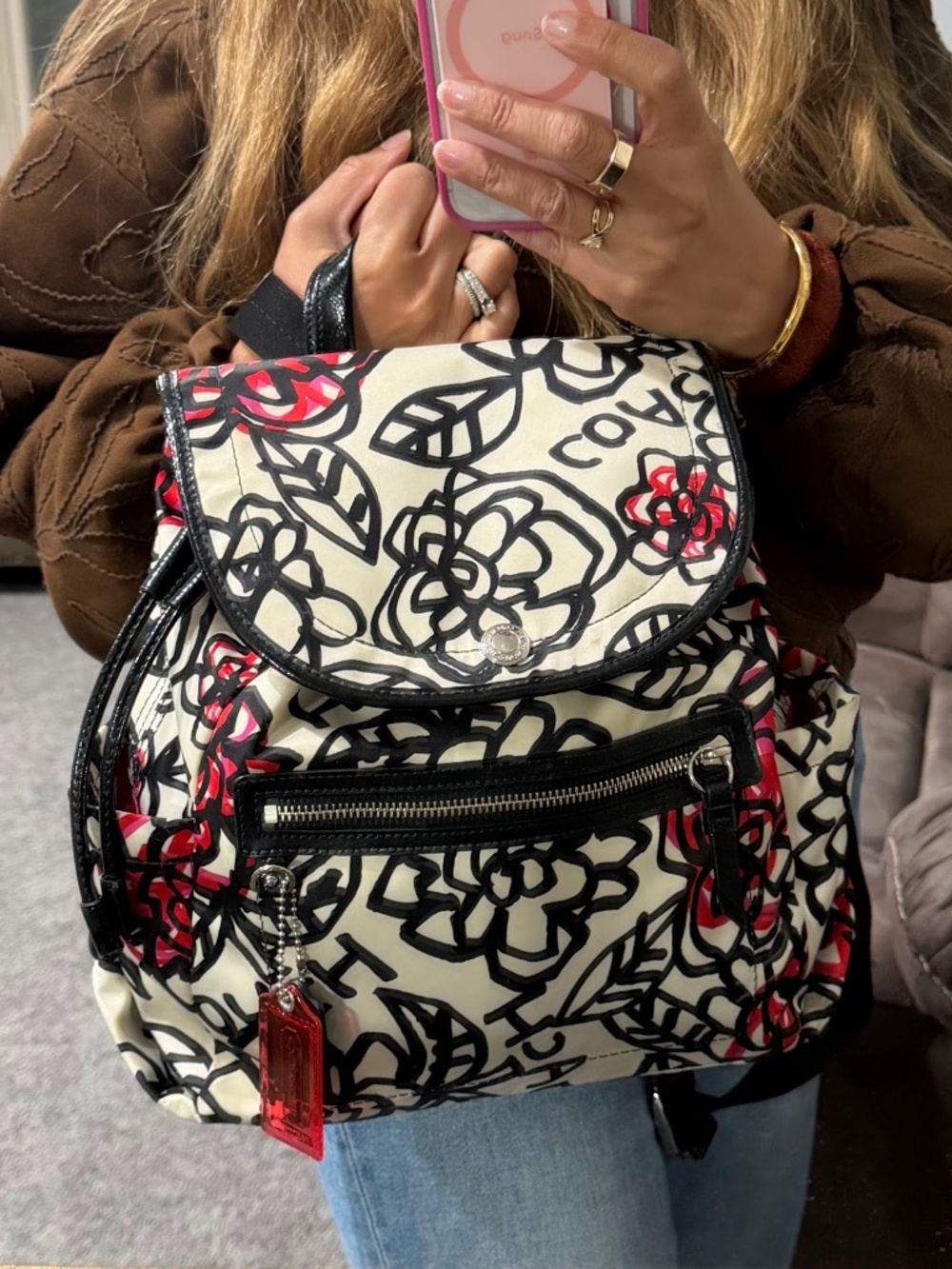 Coach Poppy Daisy Floral Graffiti Leather Trim Sateen Backpack Model F16582 - Picture 4 of 12